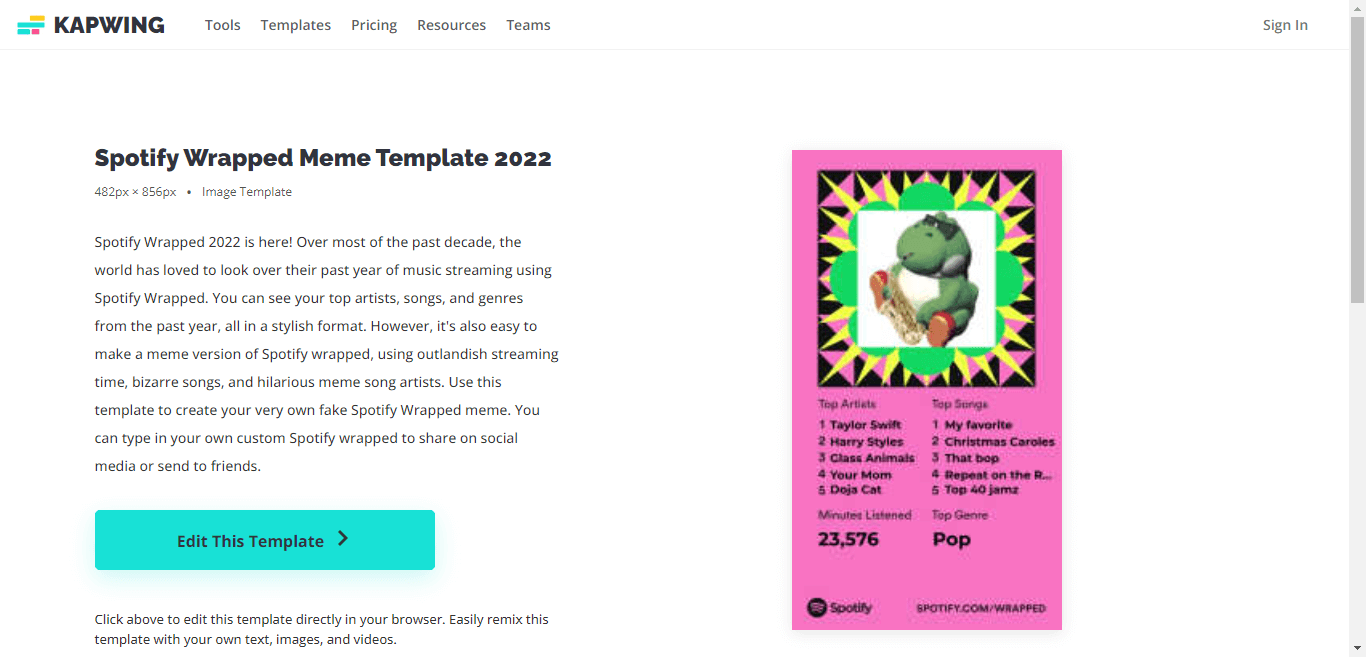 Kapwing area Content template pages screenshot