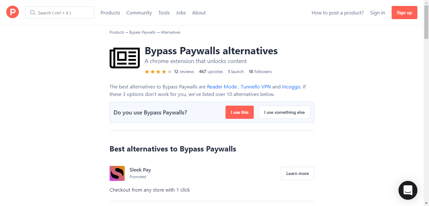Product Hunt area Product alternatives screenshot