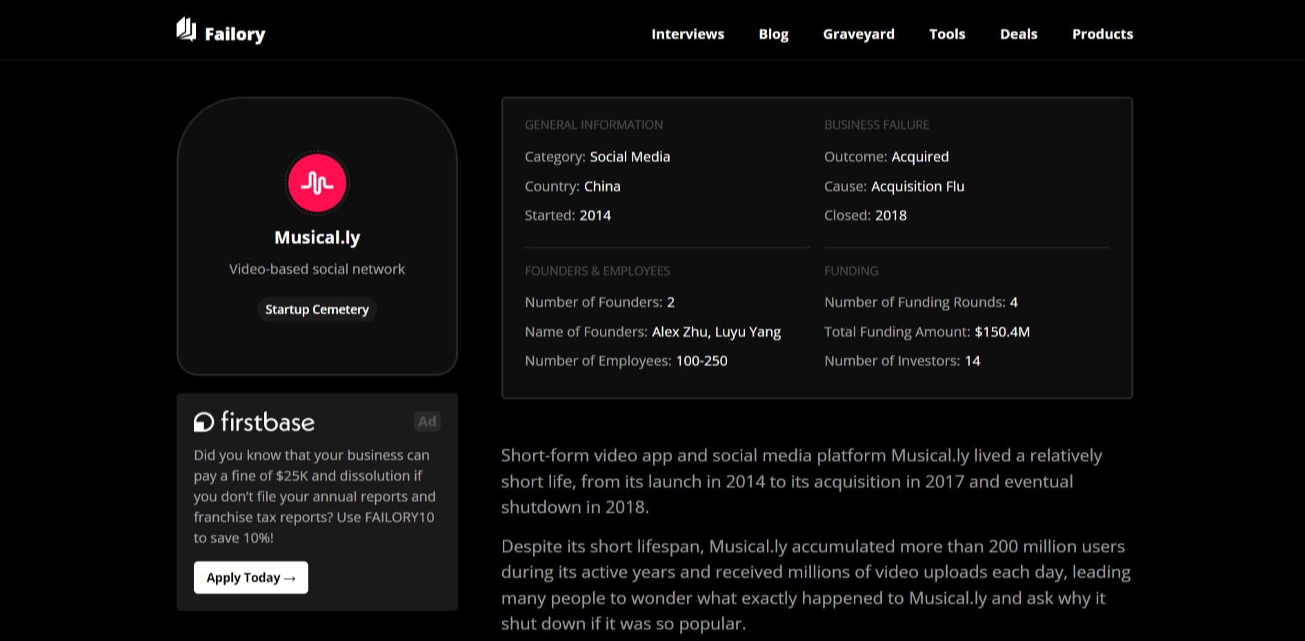 Failory area Startup cemetery screenshot