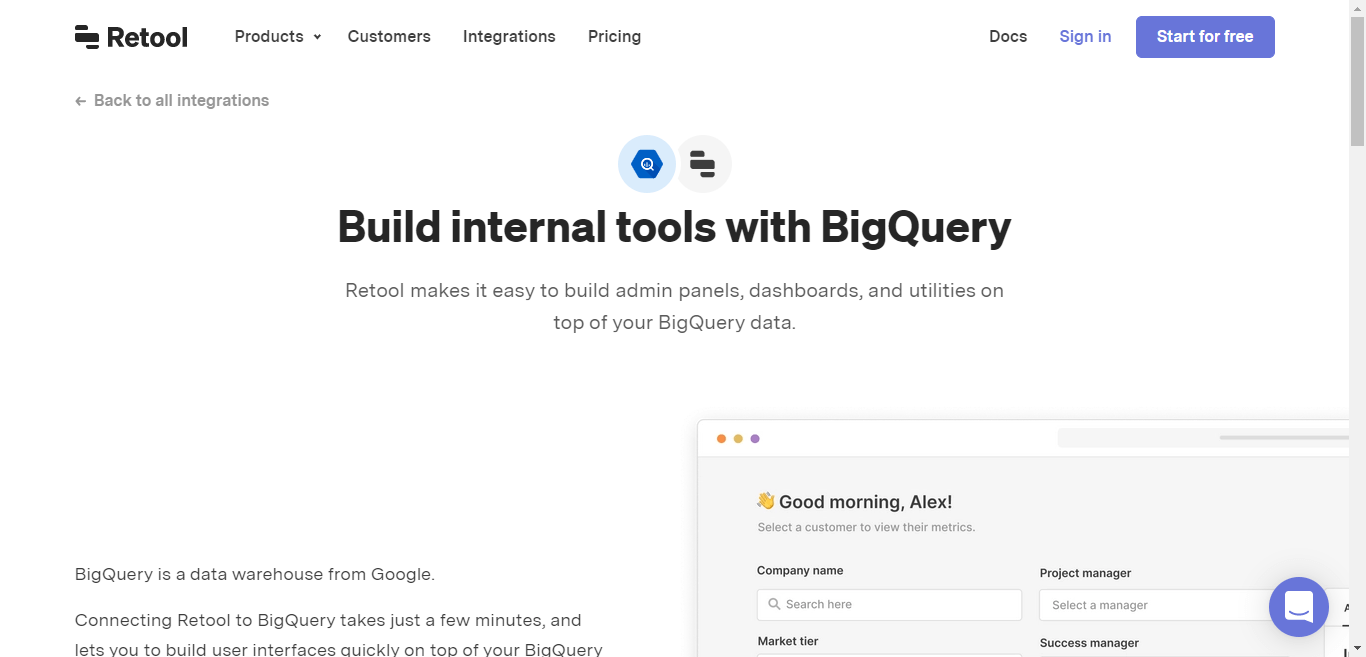 Retool area Integration pages screenshot